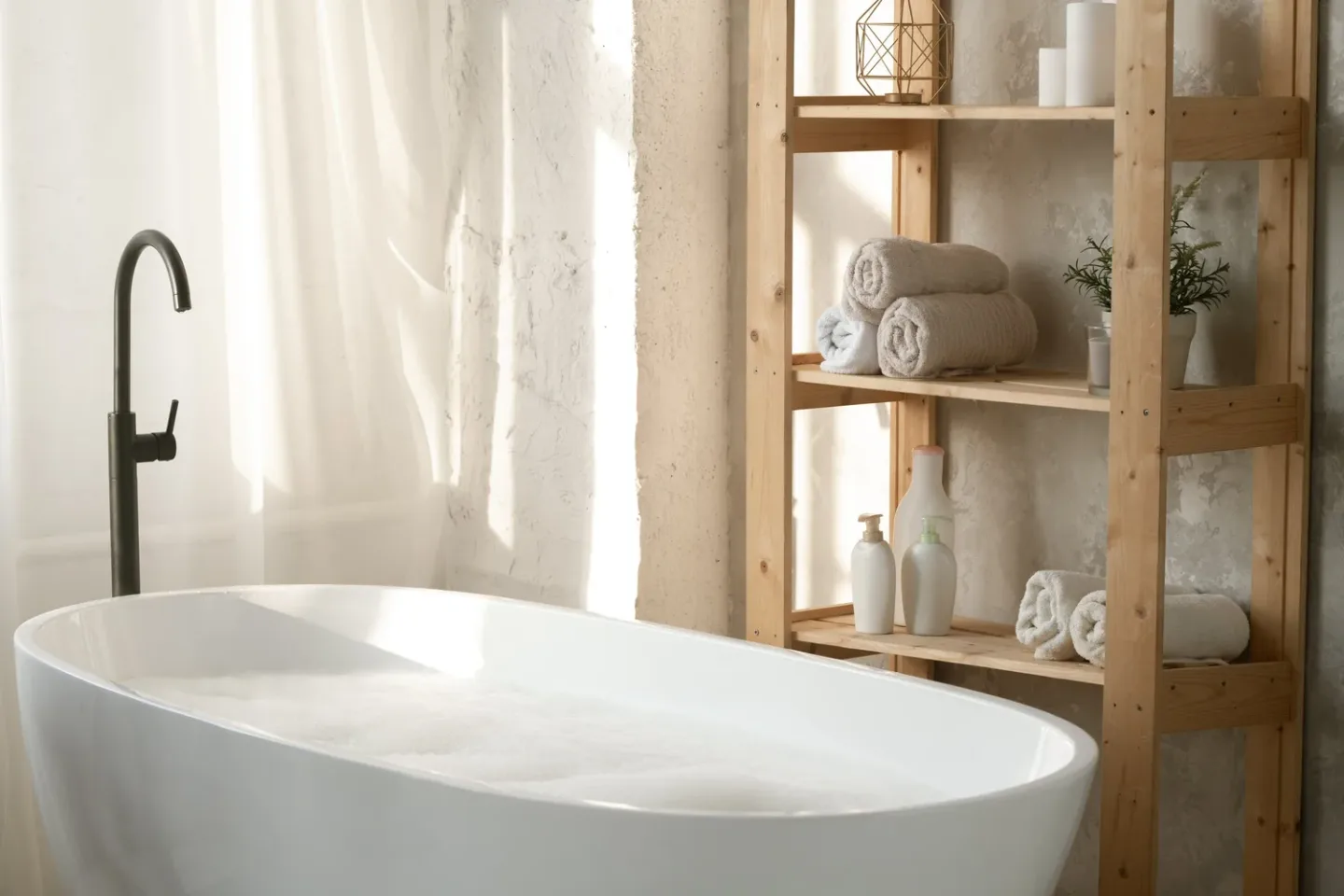 Bathroom with a free-standing bathtub, a black faucet, and a wooden shelf with towels, bottles, a potted plant, and decorative objects.